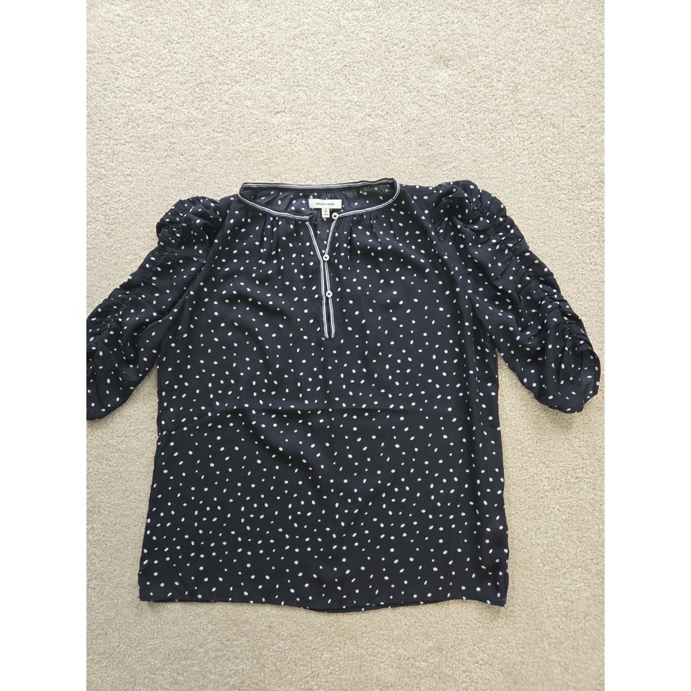Max Studio Black Polkadot sheer blouse, rouched  sleeves size Small